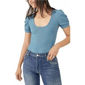 Free People So Fresh Bodysuit Larkspur Blue Sz Medium Boho Puff Sleeve Scoop New